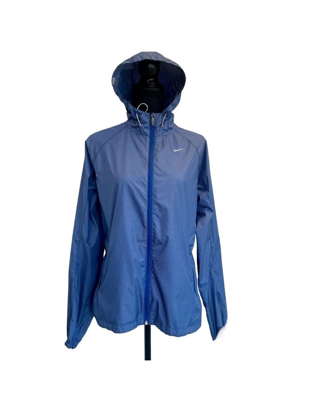Nike blue micro check print long sleeve hooded rain jacket windbreaker Sz M